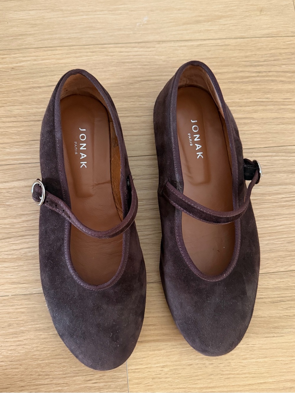Jonak Brown Suede Mary Jane Flats with Buckle Strap